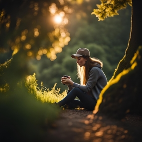 春天坐在树下的摄影师美女图片